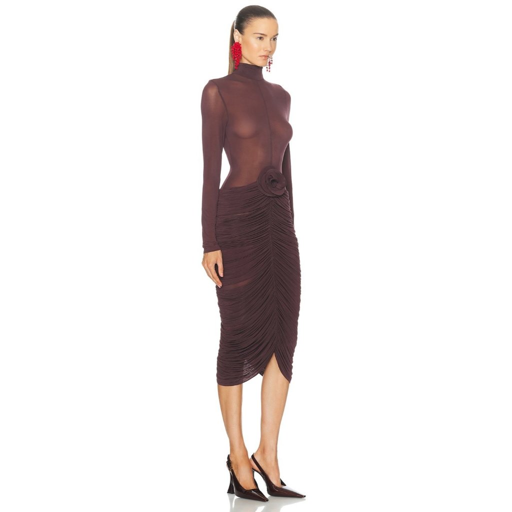Magda Butrym Long Sleeve Sheer Midi Dress In Burgundy — image 2 of 3